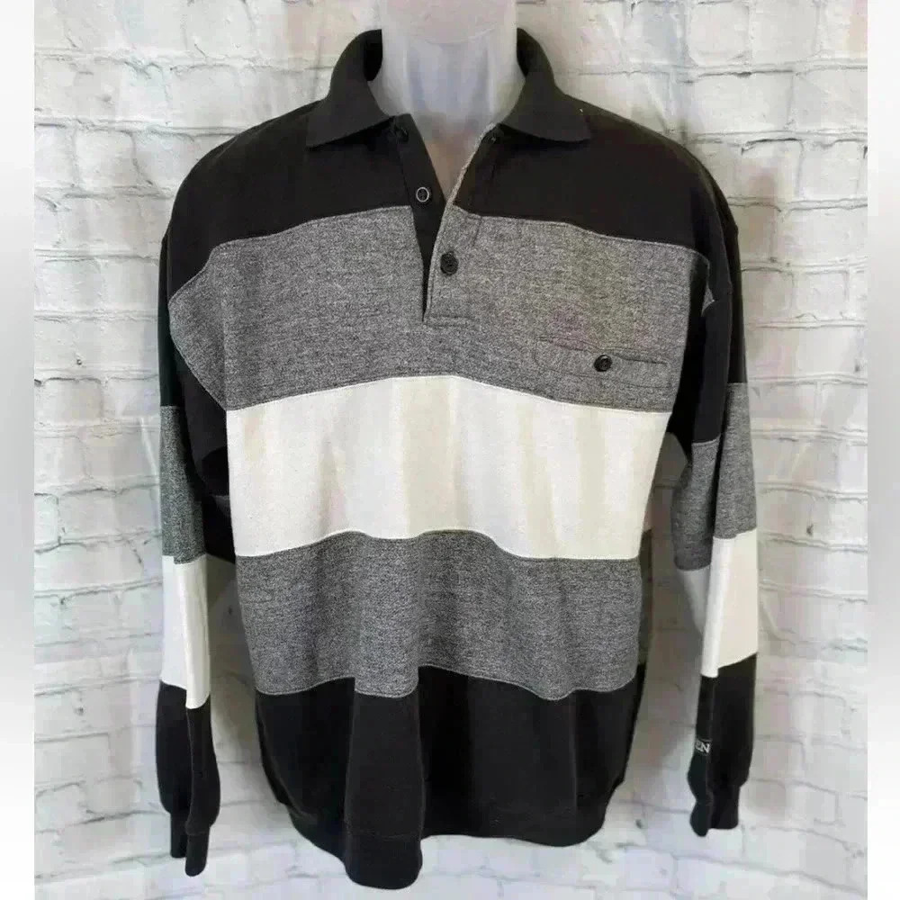 Vintage Penguin Sport Lyle Men Size M Polo Pullover Long Sleeve Black White gray